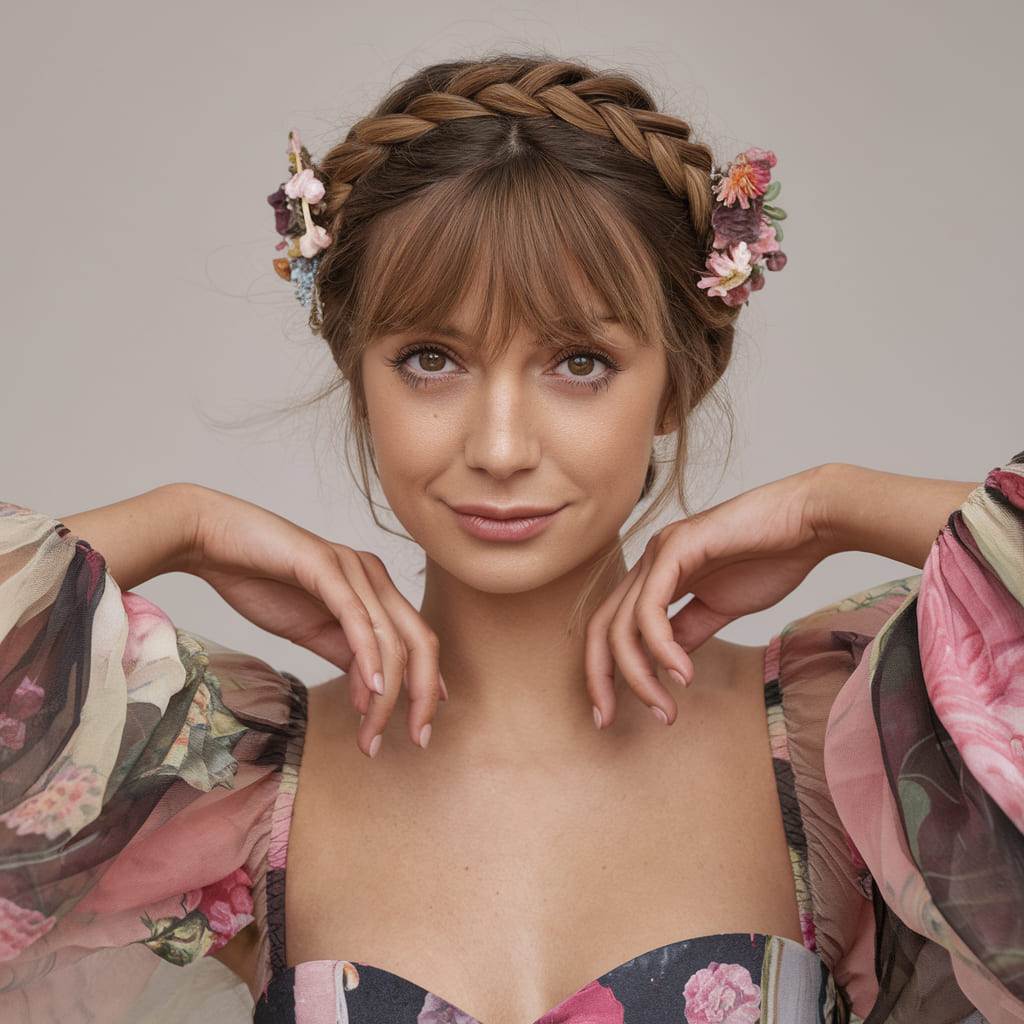 Corona Trenzada con Clips Florales y Flequillo Desfilado