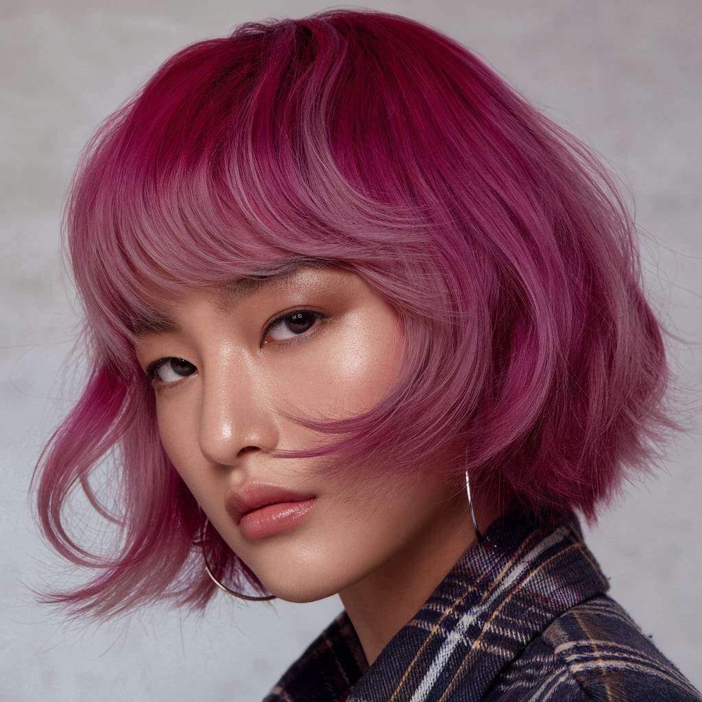Corte Wolf Corto con Balayage Magenta Brillante