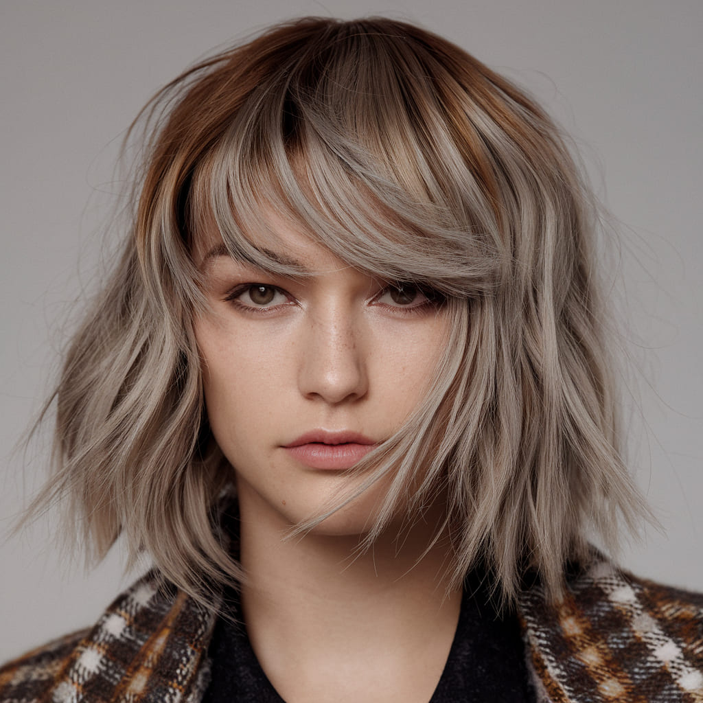 Corte Wolf con Balayage Marrón Ceniza Frío