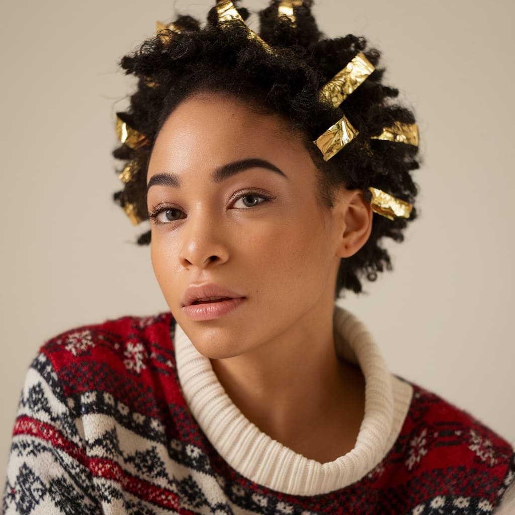Afro Rizado con Acabados de Papel de Oro