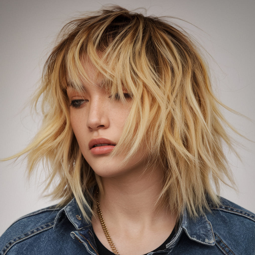 Corte Wolf Corto con Balayage Rubio Dorado