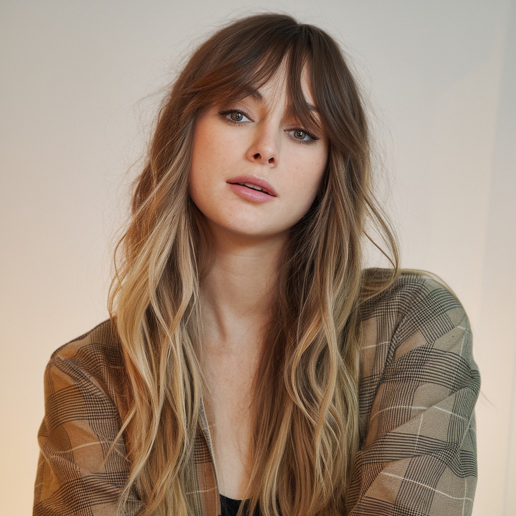 Cabello Largo con Ondas Sutiles y Flequillo