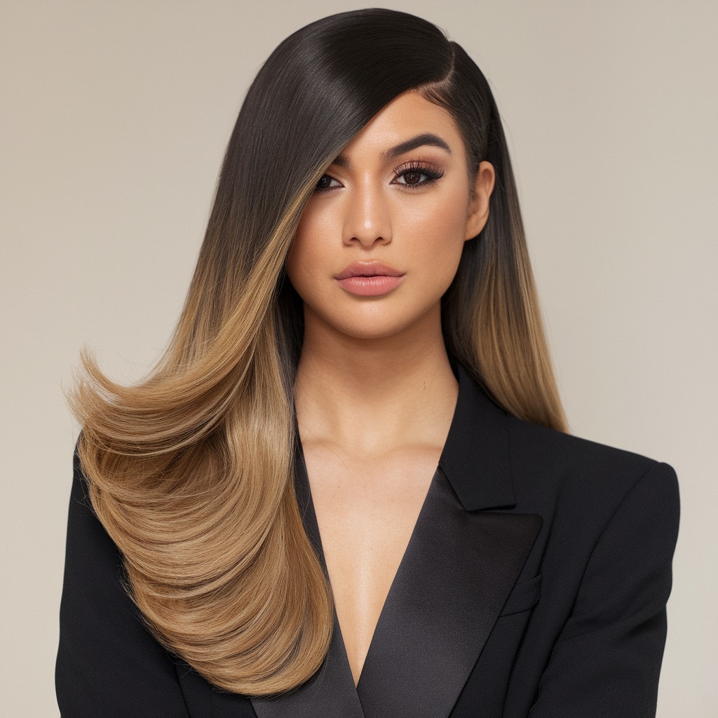 Cabello Largo y Liso con Ombre y Raya Lateral