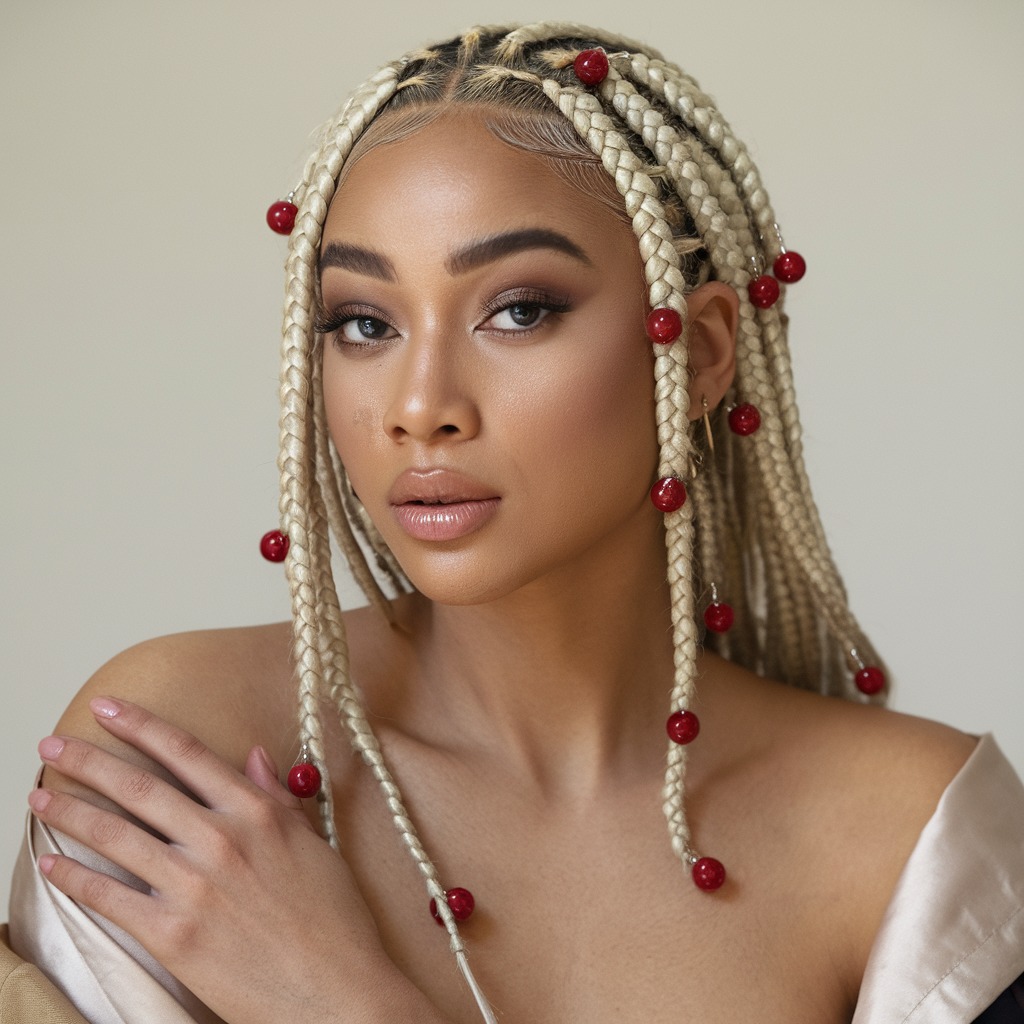 Trenzas Platino con Cuentas Rojas