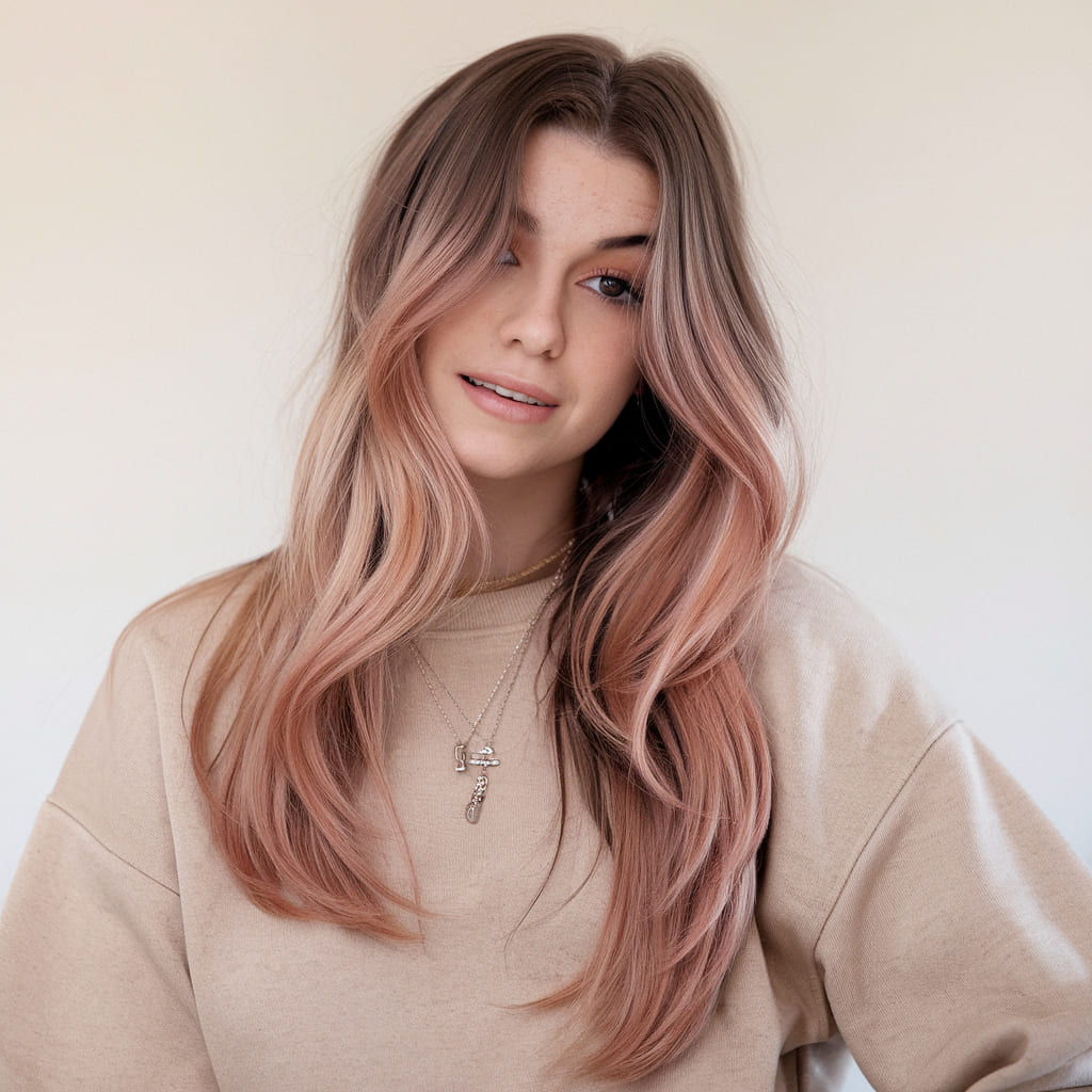 Balayage de Oro Rosa en Cabello Largo