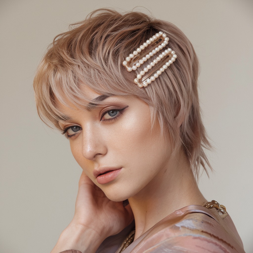 Ondas Rosa Dorado con Clips de Perlas