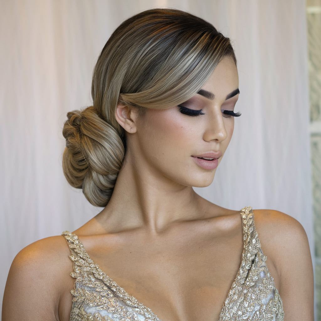 Moño Bajo Liso de Graduación con Raya Lateral