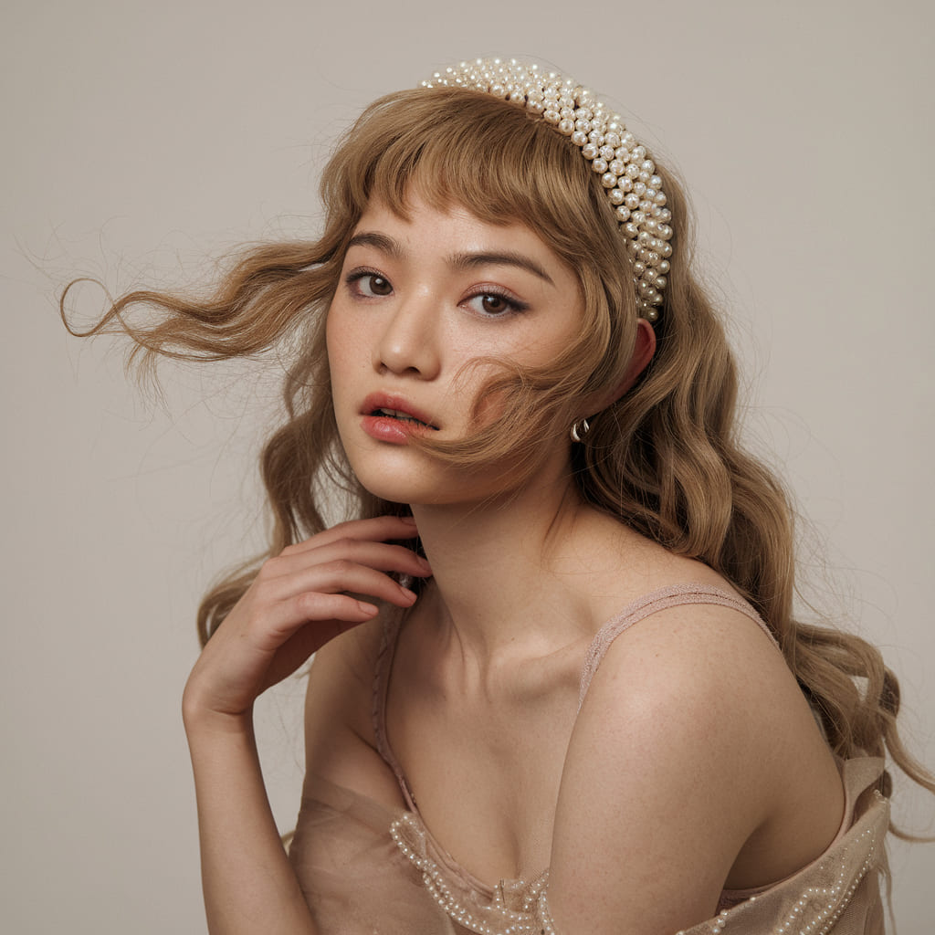 Ondas Despeinadas y Flequillo Desfilado con Diadema de Perlas