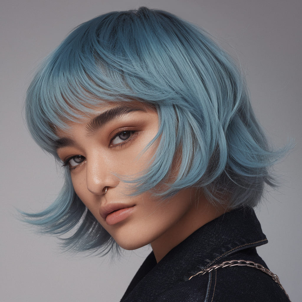 Corte Wolf Corto con Balayage Azul Vibrante