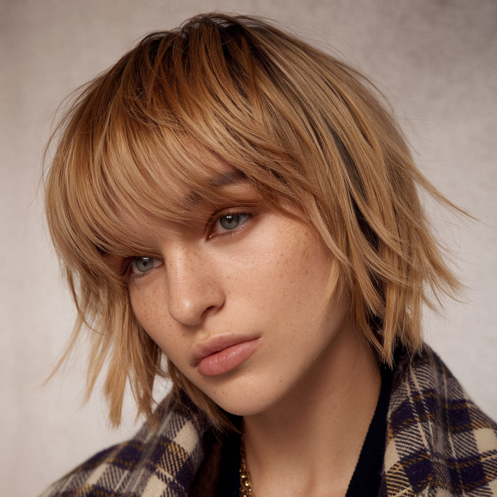 Balayage Caramelo Cálido para Corte Wolf Corto